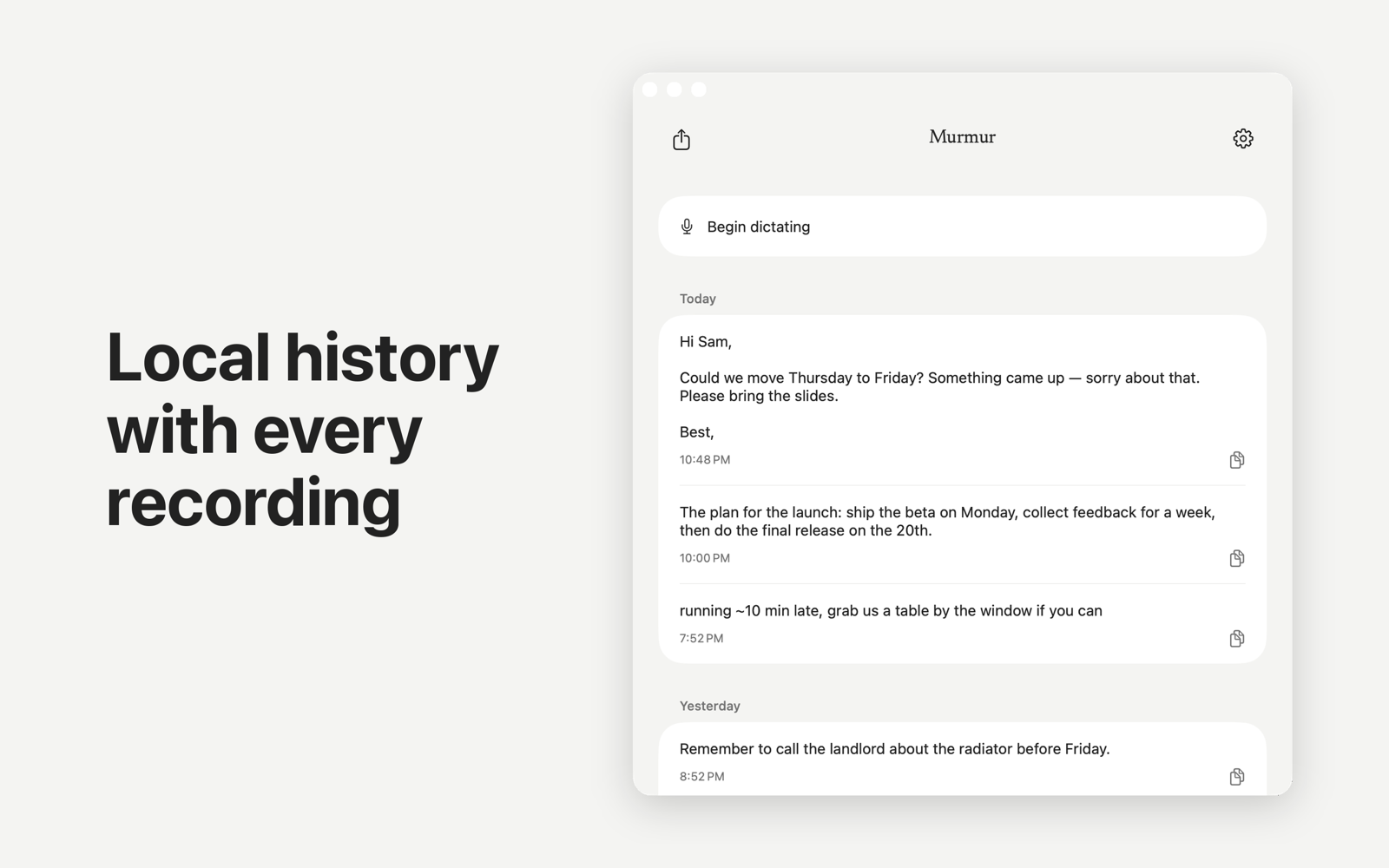 Murmur on the Mac: past dictations, kept on your device